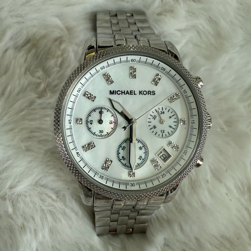 Michael Kors MK-5020 Silver Chronograph Watch with Crystal Accents